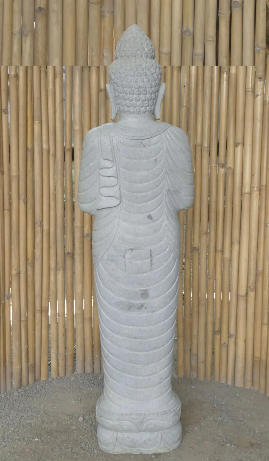  Product image 8 of the product “Standing Buddha made of Riverstone, position Namaskara , H. 185cm. There is a stone eye on the right thight. ”